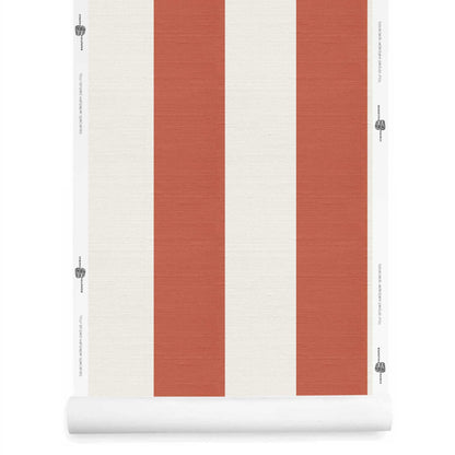 Terracotta striped wallpaper roll with silk finish, wide terracotta and soft cream stripes, Emerson wallpaper.