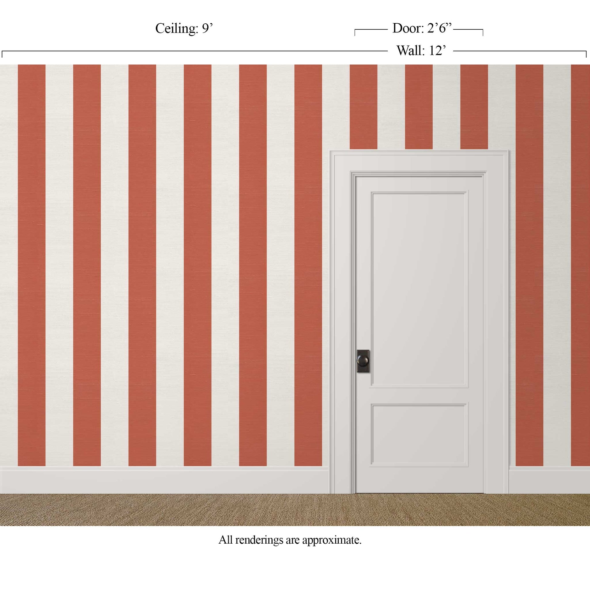 Terracotta striped wallpaper in dining room with silk finish, wide stripes in terracotta and soft cream, Mediterranean organic modern style.