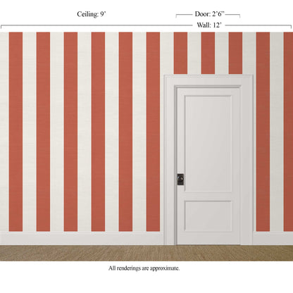 Terracotta striped wallpaper in dining room with silk finish, wide stripes in terracotta and soft cream, Mediterranean organic modern style.