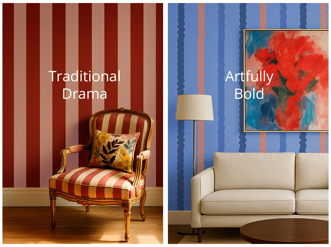 Side-by-side interiors showcasing striped wallpaper. Left: bold red and pink wide-striped wallpaper in a traditional room with a gilded chair, captioned “Traditional Drama.” Right: blue wavy striped wallpaper in a modern living room with abstract artwork and a white sofa, captioned “Artfully Bold.”