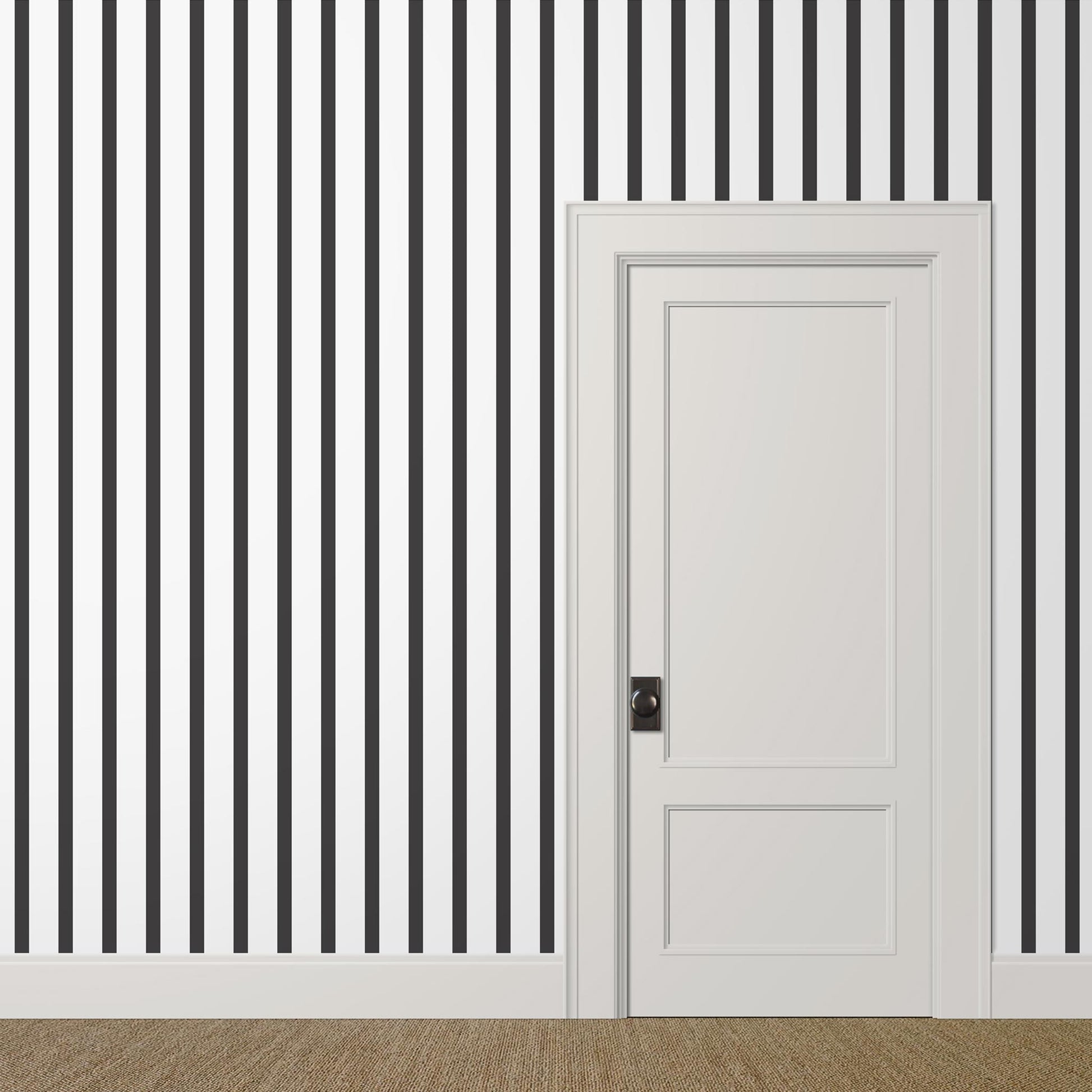Small-scale uneven black and white striped wallpaper in a modern powder room