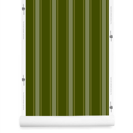 Vintage green striped wallpaper roll – La Solana pattern in canopy, myrtle, and olive tones