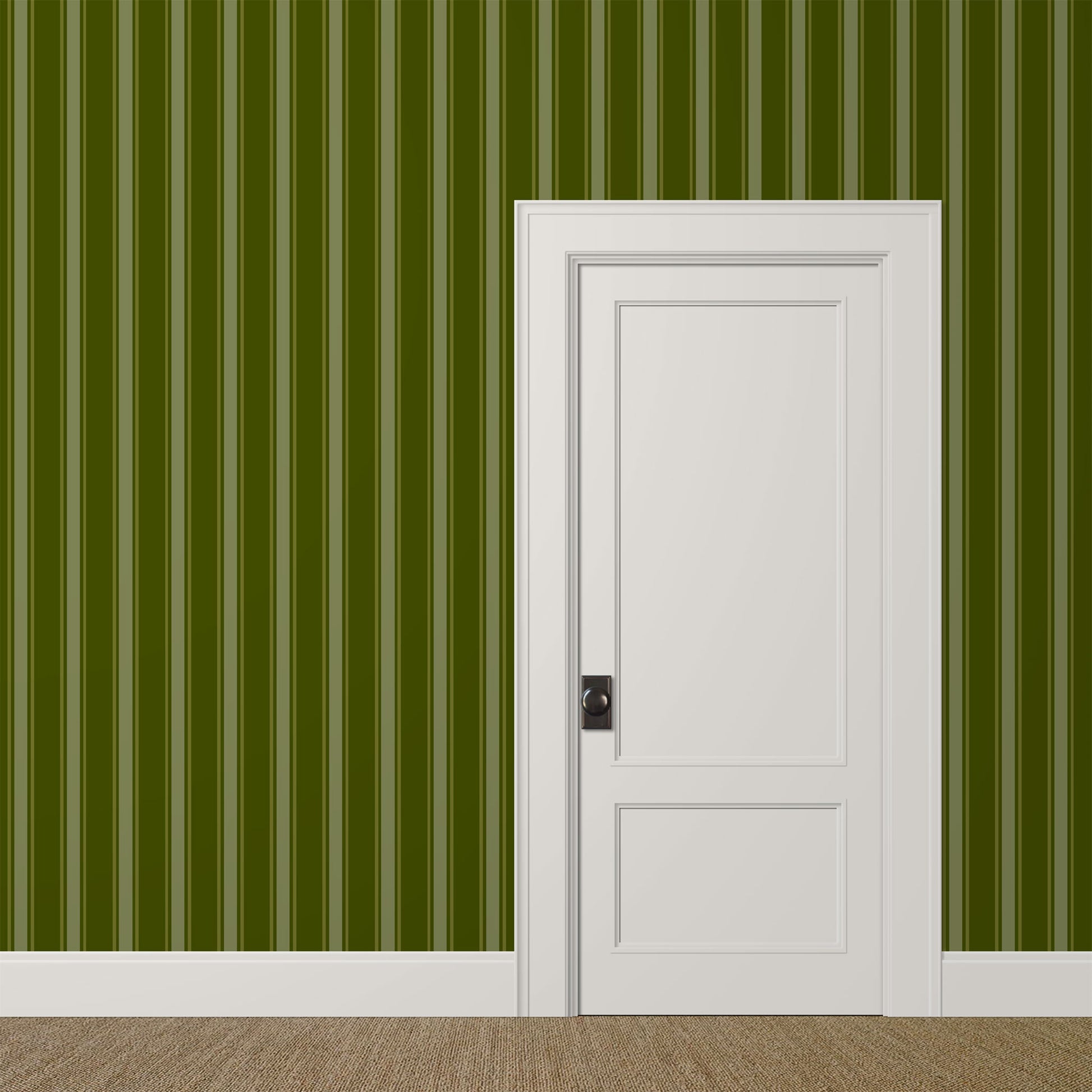 Moody green striped wallpaper in a traditional study or library – La Solana pattern