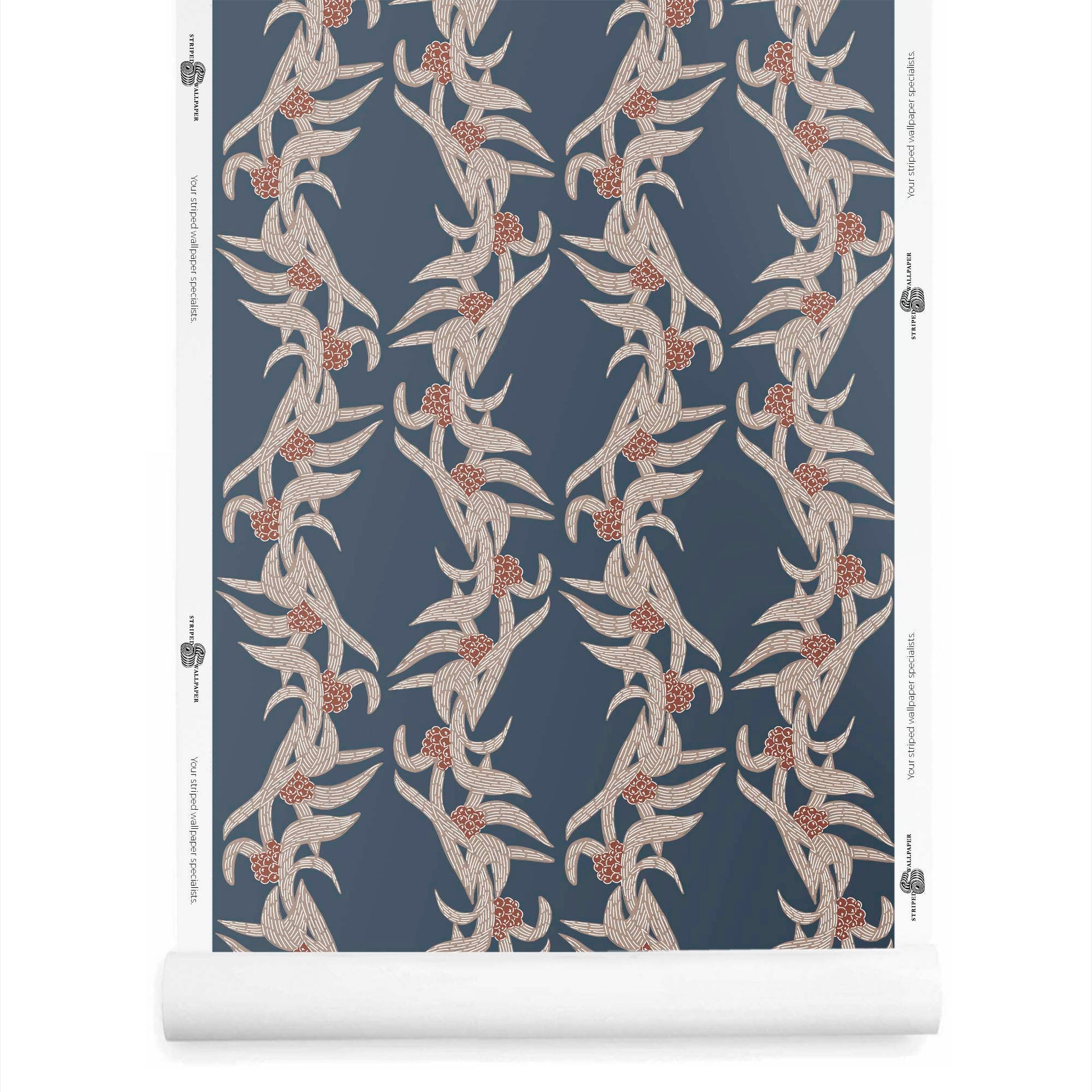 Lorelle botanical wallpaper with stripes in taupe and cream on a dramatic navy ground