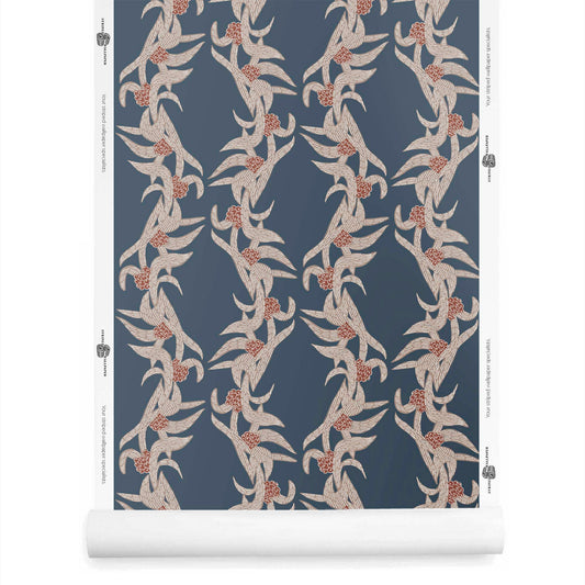 Lorelle botanical wallpaper with stripes in taupe and cream on a dramatic navy ground