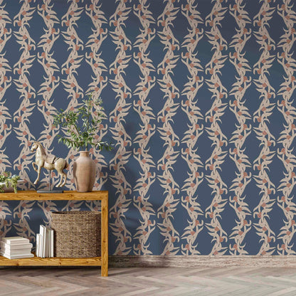 Moody dark blue botanical wallpaper with stripes creates a bold, elegant backdrop in a refined interior