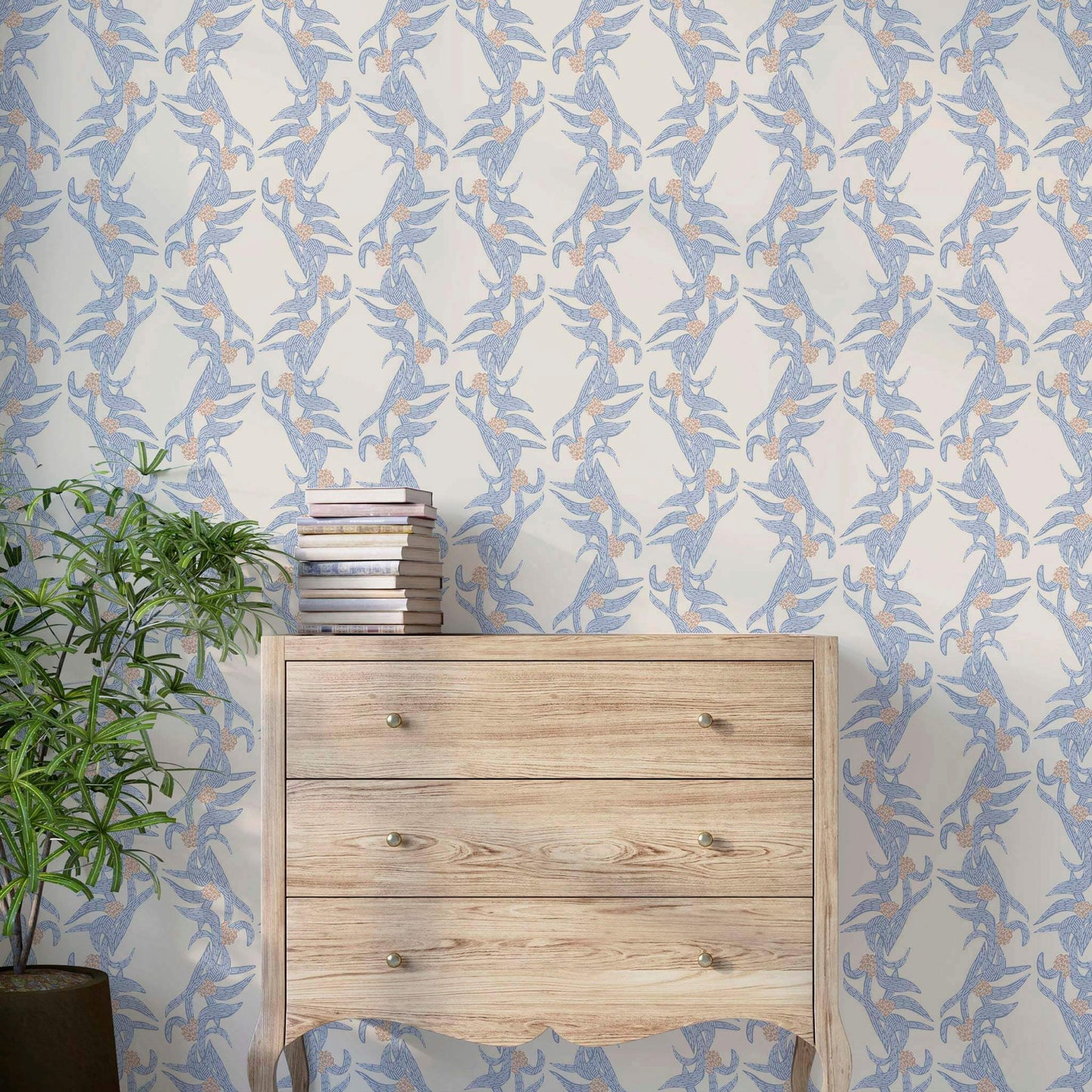 Dusty blue botanical wallpaper with stripes shown in a light-filled traditional bedroom
