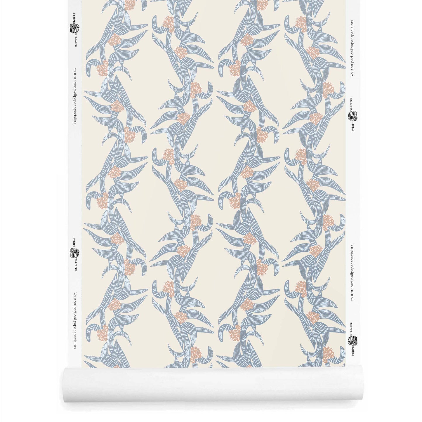 Lorelle botanical wallpaper with stripes in dusty blue on cream background