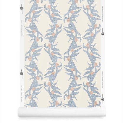 Lorelle botanical wallpaper with stripes in dusty blue on cream background