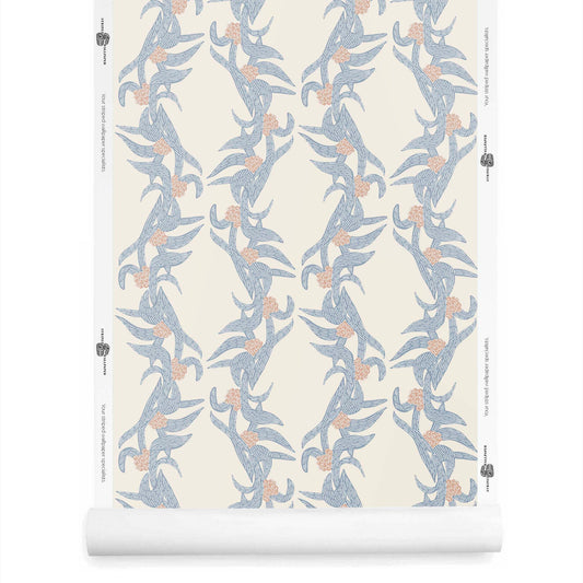 Lorelle botanical wallpaper with stripes in dusty blue on cream background