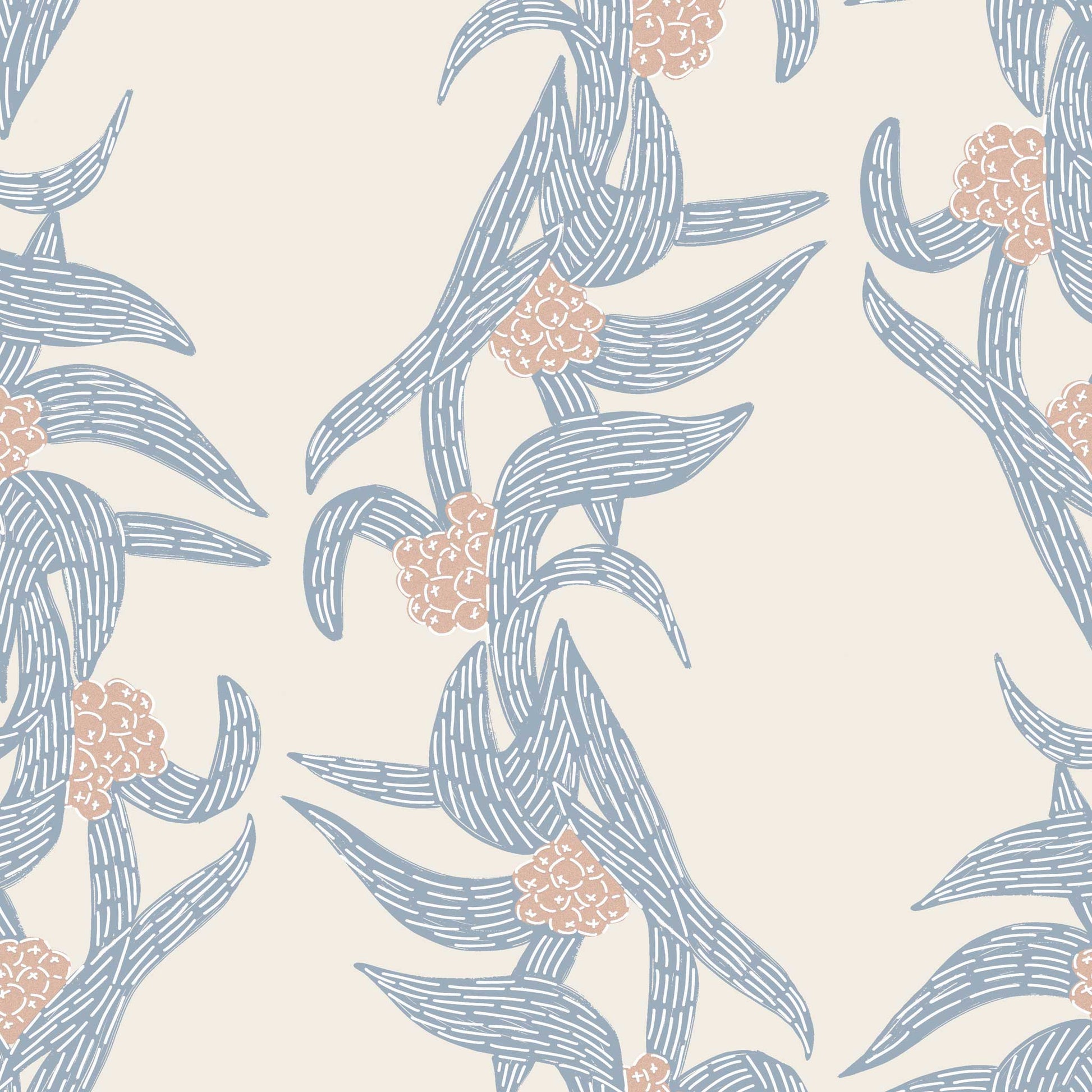 Botanical wallpaper with stripes featuring blue loquat branches and hand-drawn detail