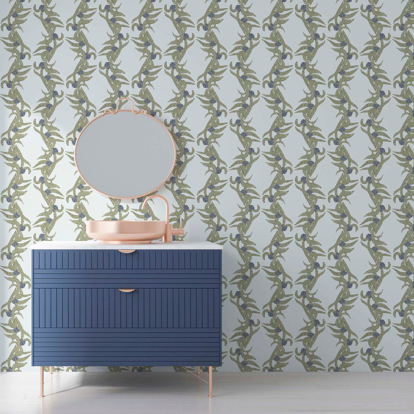 Earthy green botanical wallpaper with stripes styled in a light filled dining room