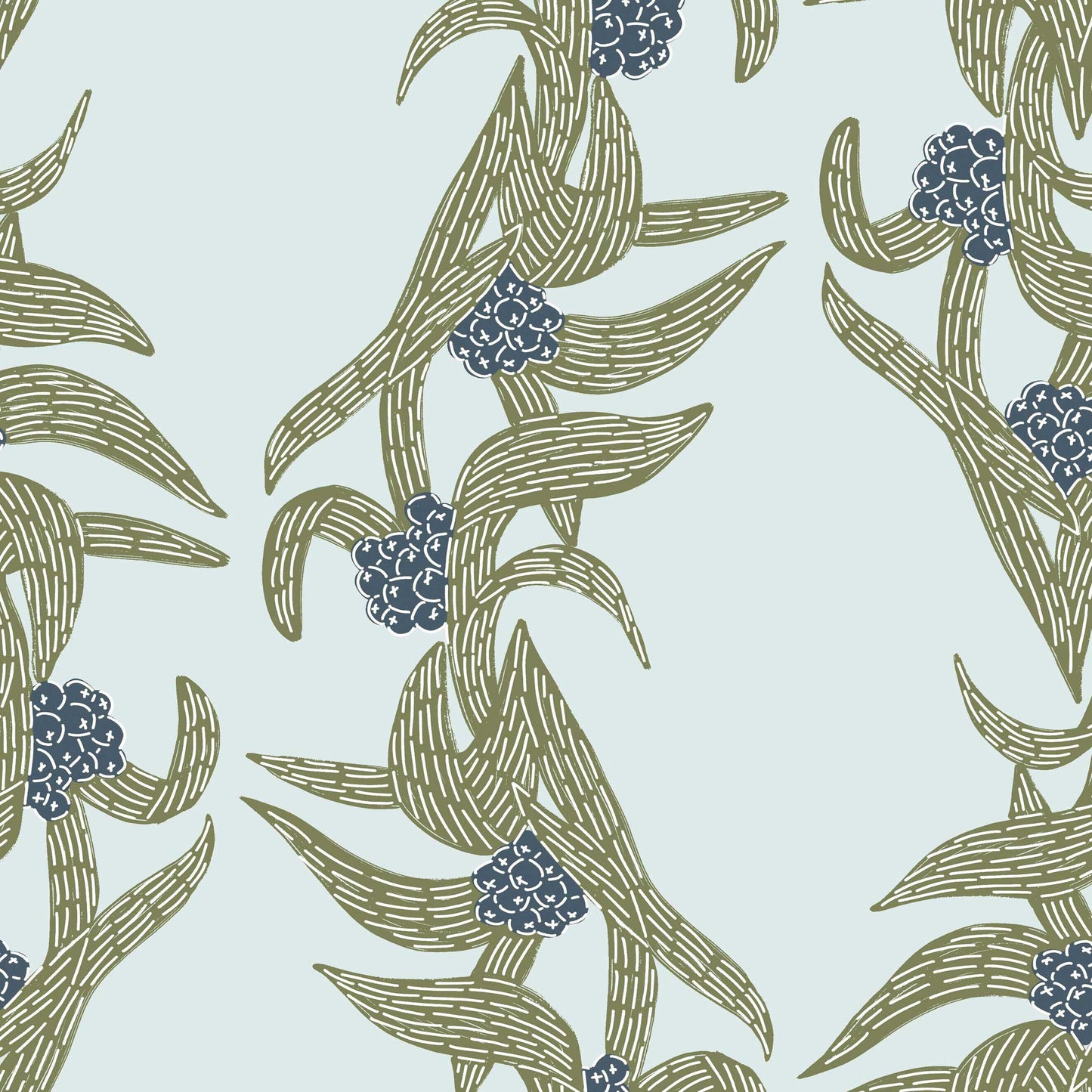 Olive green botanical wallpaper pattern with stripes and zig-zagging loquat branches