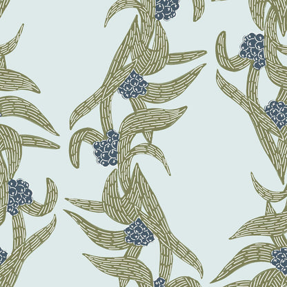 Olive green botanical wallpaper pattern with stripes and zig-zagging loquat branches