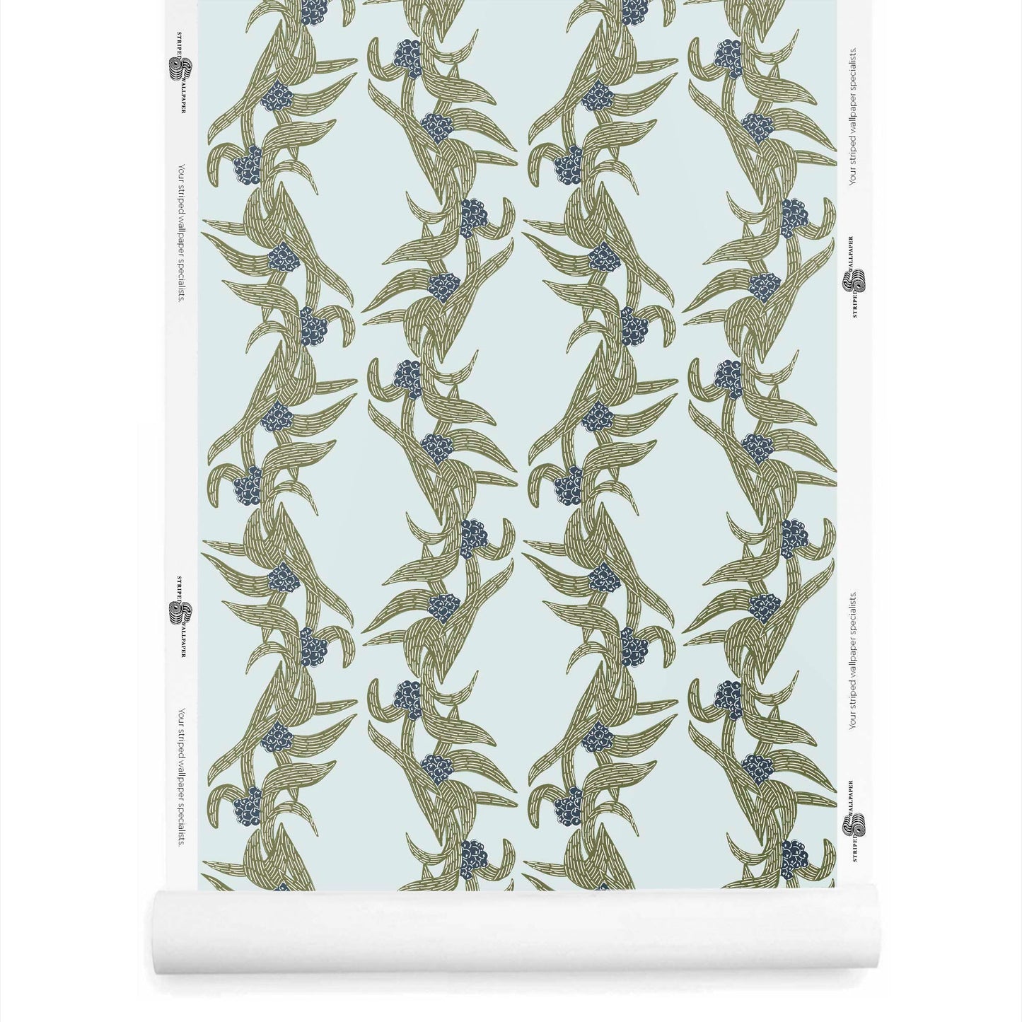 A roll of Lorelle botanical wallpaper with stripes in olive green and light blue tones