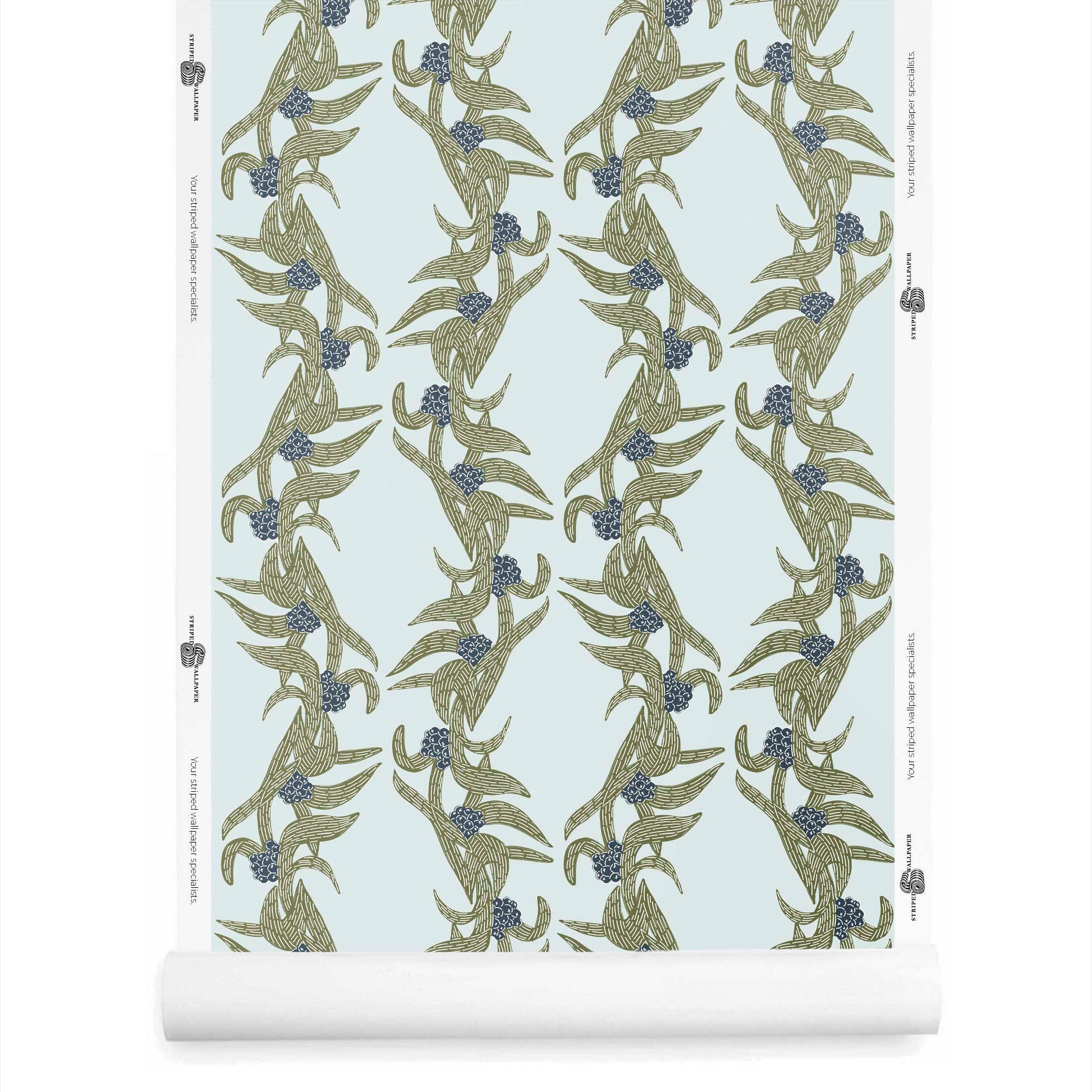 A roll of Lorelle botanical wallpaper with stripes in olive green and light blue tones