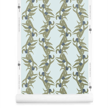 A roll of Lorelle botanical wallpaper with stripes in olive green and light blue tones