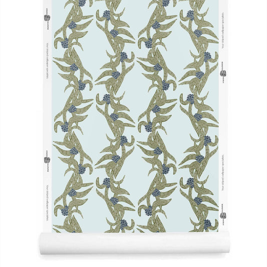 A roll of Lorelle botanical wallpaper with stripes in olive green and light blue tones