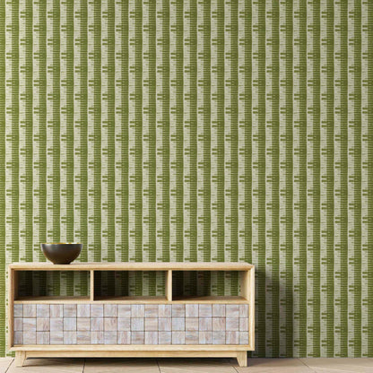 Organic Olive Green Shibori Bamboo Wallpaper installed in a cozy, nature-inspired room

