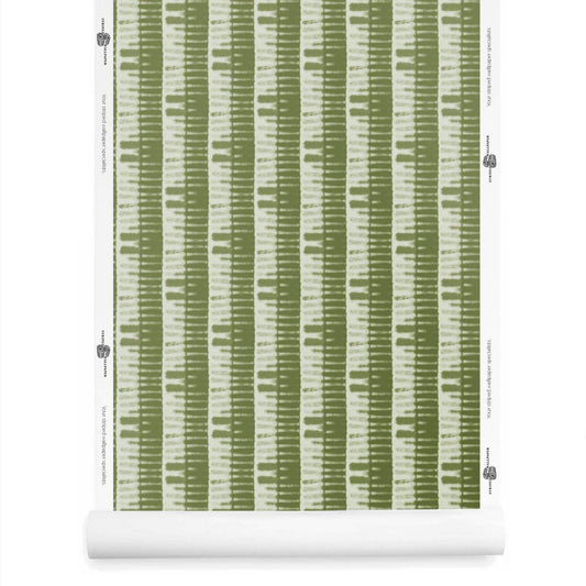 Olive Green shibori bamboo wallpaper roll with earthy hand-dyed texture