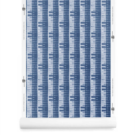 Lapis Blue striped shibori bamboo wallpaper roll with organic, artisanal pattern