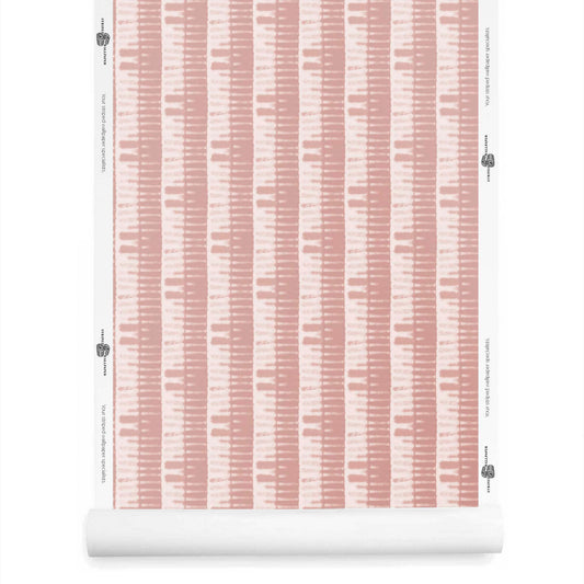 Rose Pink shibori bamboo wallpaper roll showing delicate, airy stripe design