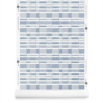 Roll of checker wallpaper with horizontal stripe in sky blue, crisp and airy