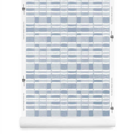 Roll of checker wallpaper with horizontal stripe in sky blue, crisp and airy