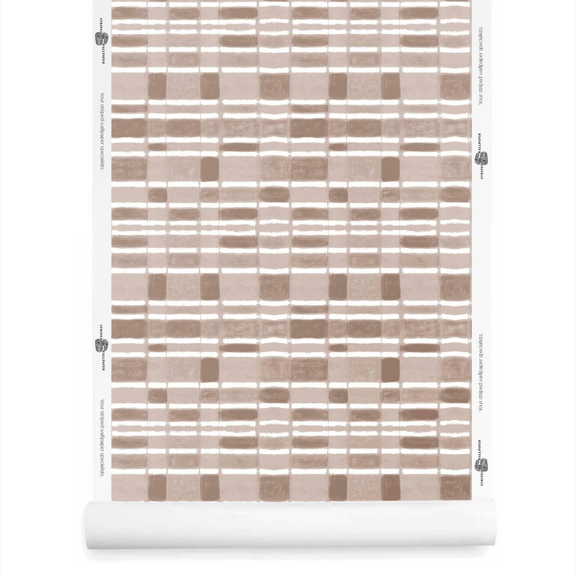 Roll of checker wallpaper with horizontal stripe in taupe, softly weathered and warm