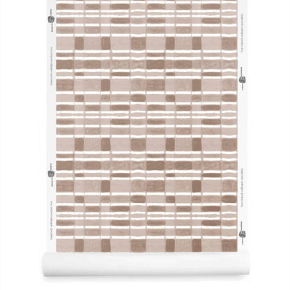 Roll of checker wallpaper with horizontal stripe in taupe, softly weathered and warm