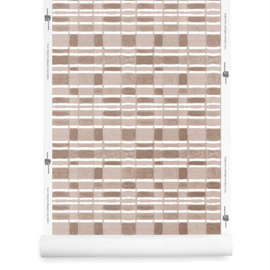Roll of checker wallpaper with horizontal stripe in taupe, softly weathered and warm