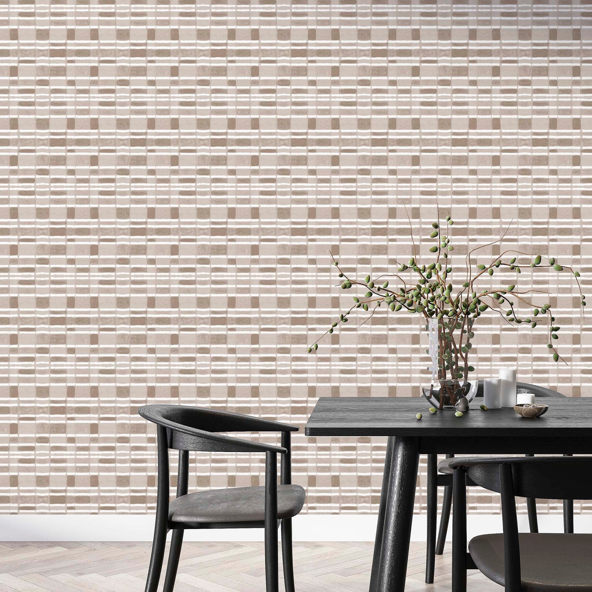 Checker wallpaper with horizontal stripe in taupe and navy, bringing quiet drama to a gallery-style interior