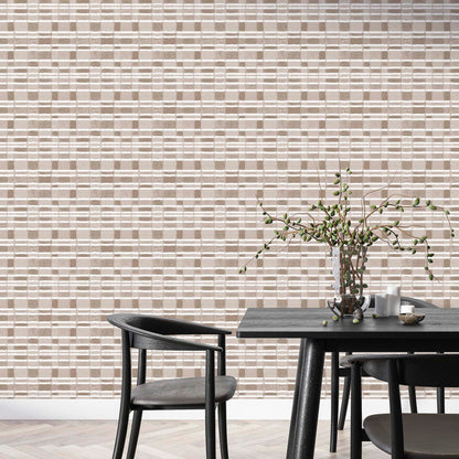 Checker wallpaper with horizontal stripe in taupe and navy, bringing quiet drama to a gallery-style interior