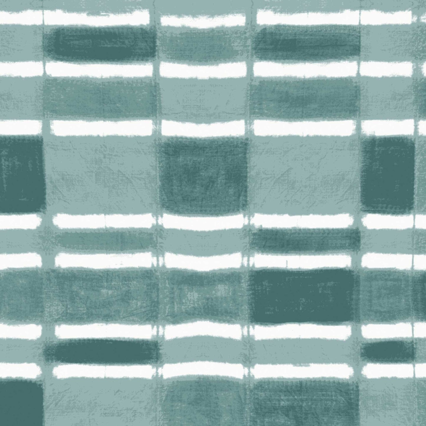 Checker wallpaper with horizontal stripe in painterly dusty teal, shown in close-up pattern detail
