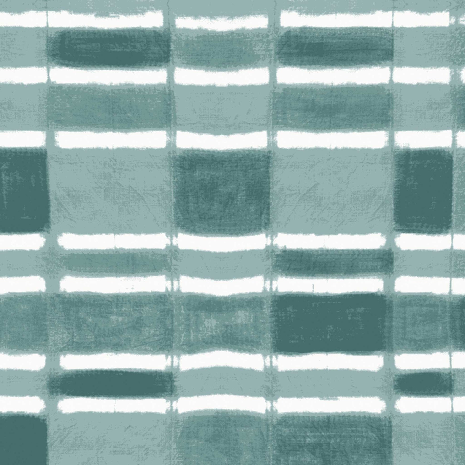 Checker wallpaper with horizontal stripe in painterly dusty teal, shown in close-up pattern detail