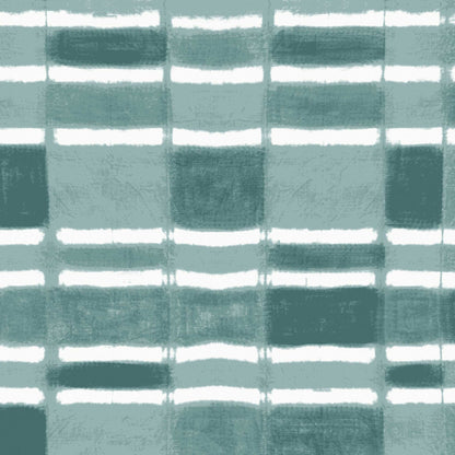 Checker wallpaper with horizontal stripe in painterly dusty teal, shown in close-up pattern detail