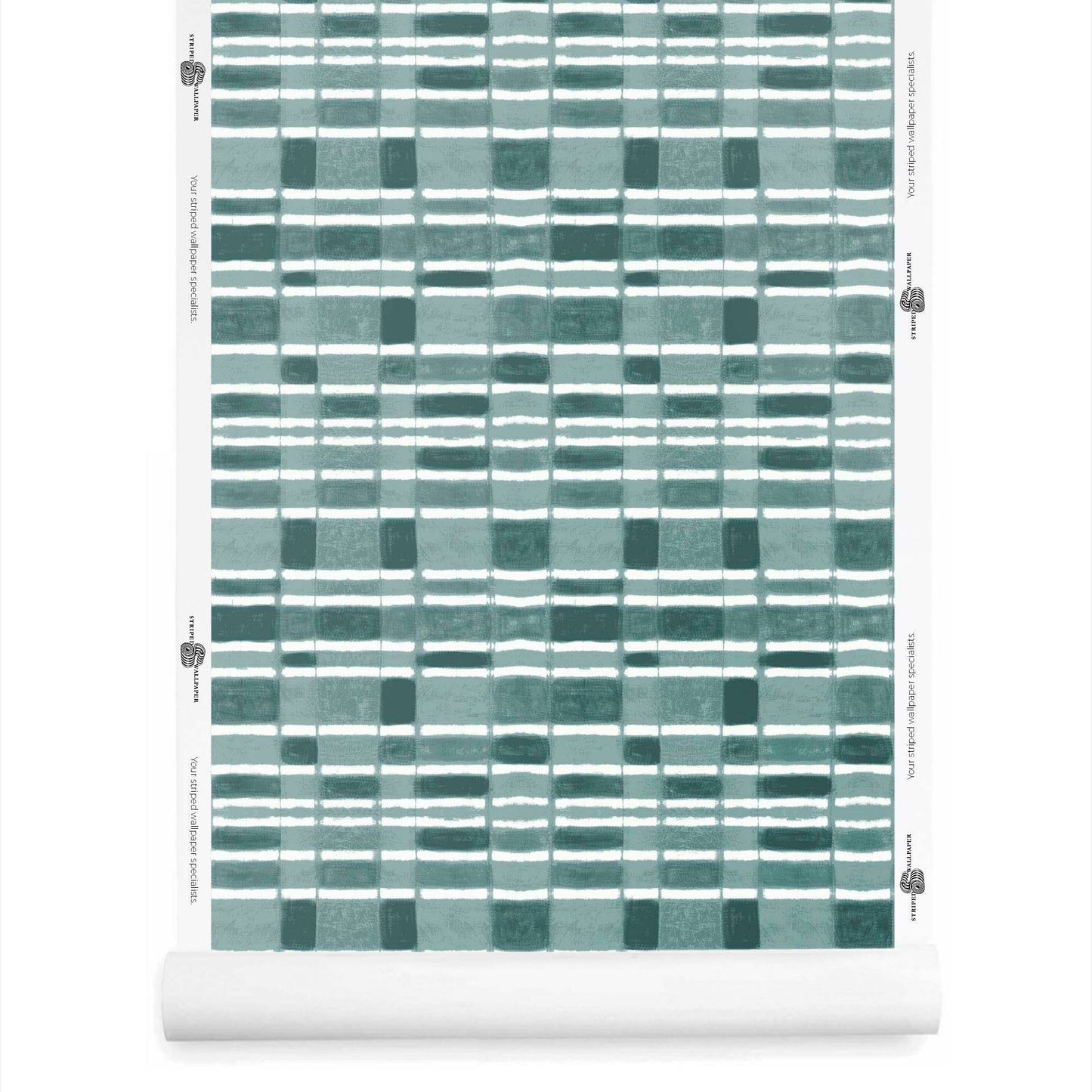 Roll of checker wallpaper with horizontal stripe in dusty teal with painterly graphic bands
