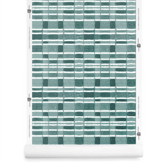 Roll of checker wallpaper with horizontal stripe in dusty teal with painterly graphic bands