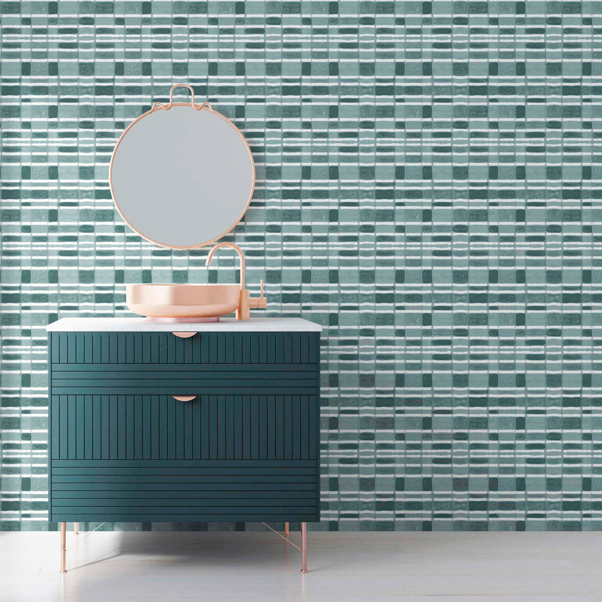 Checker wallpaper with horizontal stripe in dusty teal, installed in a modern coastal powder room 