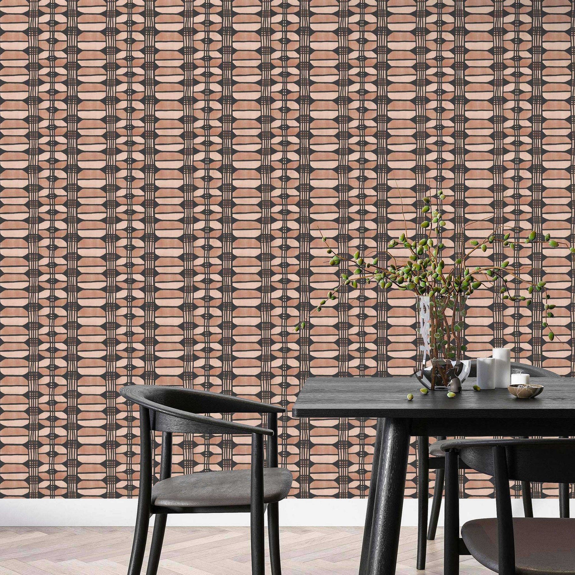 Rose basket weave wallpaper in a modern dining room – adds soft structure and elegance to contemporary interiors