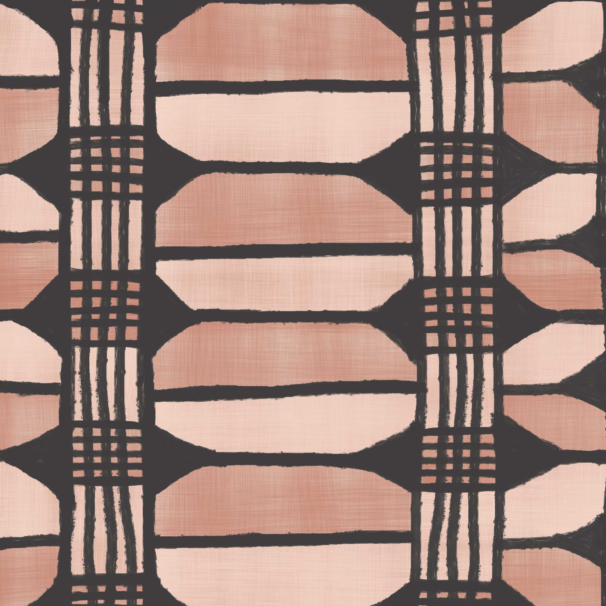 Painterly basket weave wallpaper in rose tones and black – artistic stripe design with strong rhythm and tailored balance