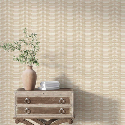 Hayes in Plaster is a basket weave wallpaper used in a calm, modern interior – adds quiet texture and painterly depth to neutral walls
