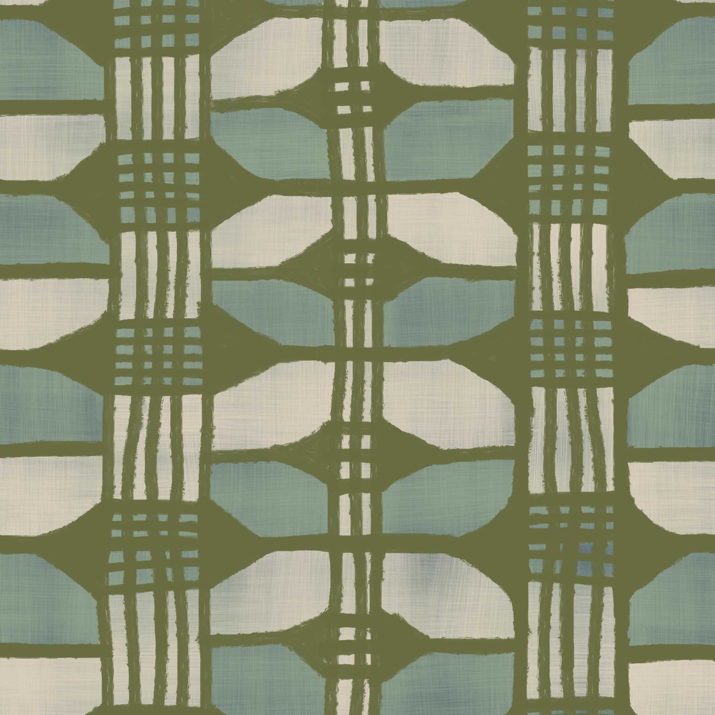 Artful basket weave wallpaper in olive green, light blue and cream – detail of a striped design with painterly texture and subtle organic movement
