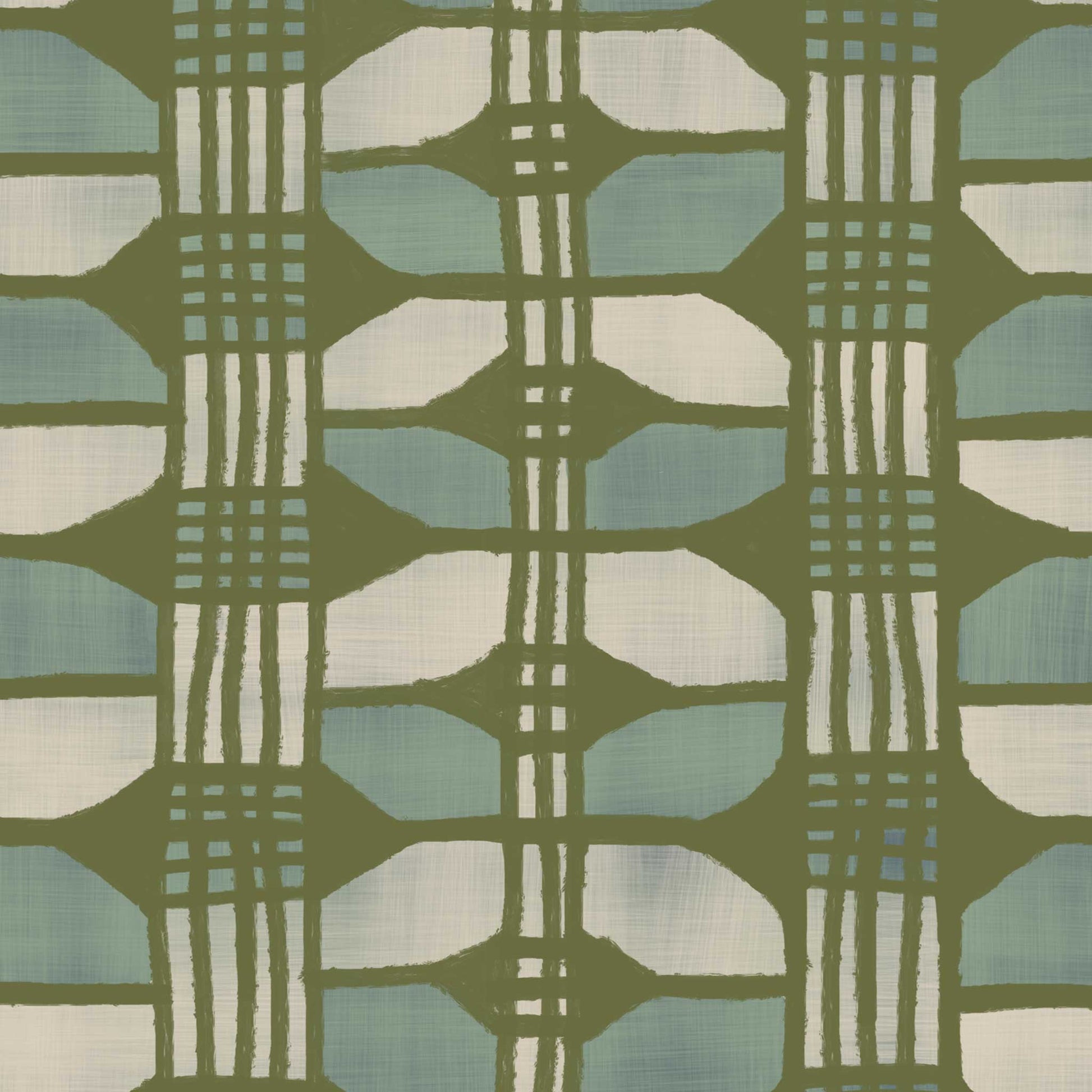 Artful basket weave wallpaper in olive green, light blue and cream – detail of a striped design with painterly texture and subtle organic movement