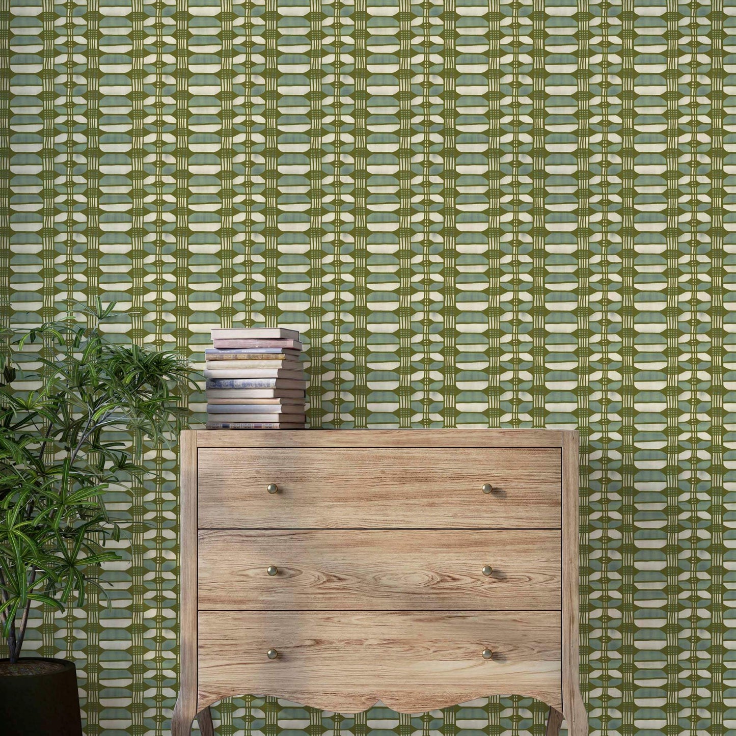 Olive Hayes basket weave wallpaper styled in a cozy hallway – refined texture meets nature-inspired color