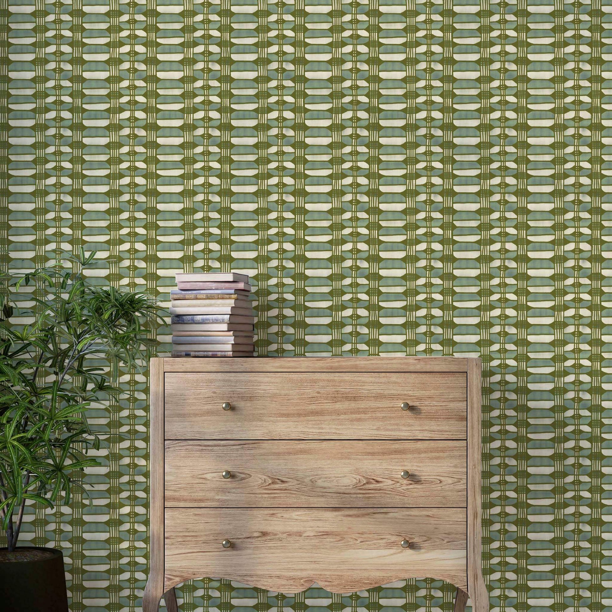 Olive Hayes basket weave wallpaper styled in a cozy hallway – refined texture meets nature-inspired color
