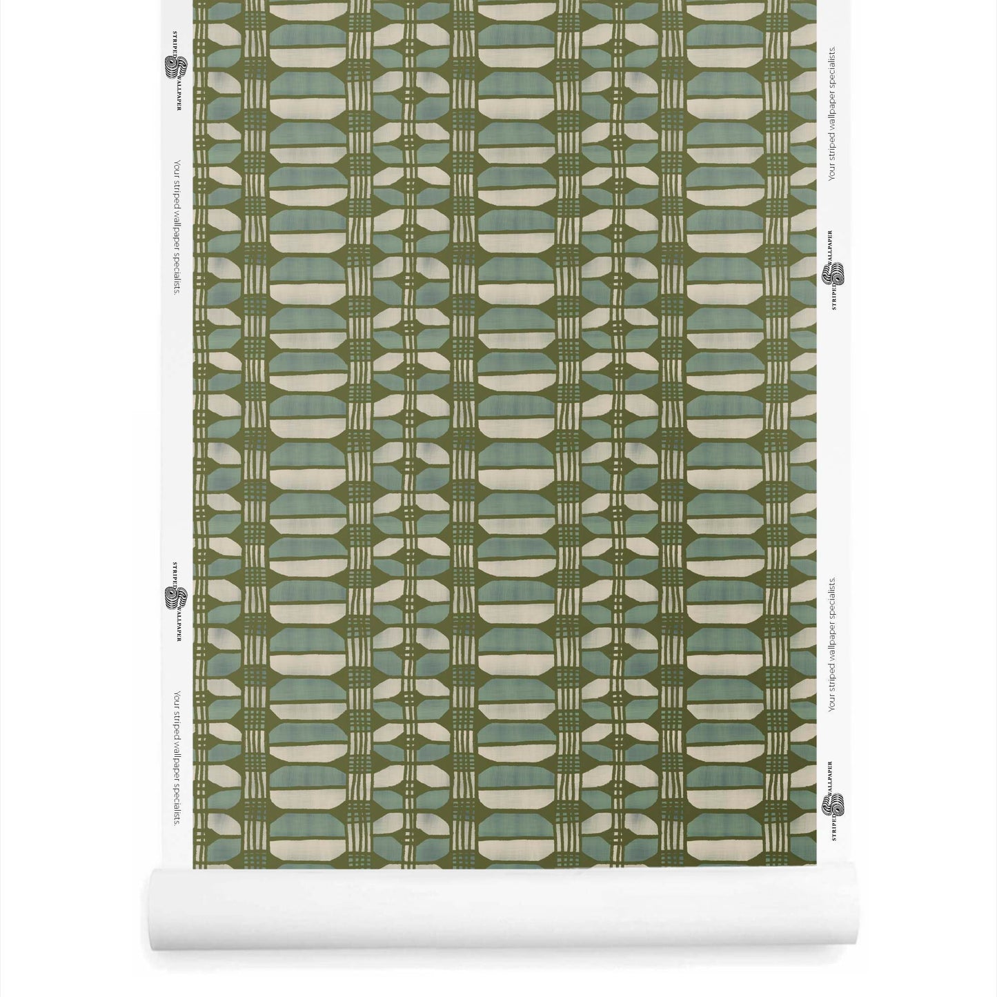 Hayes wallpaper roll in olive – custom basket weave stripe with earthy tones and blues, with visual structure