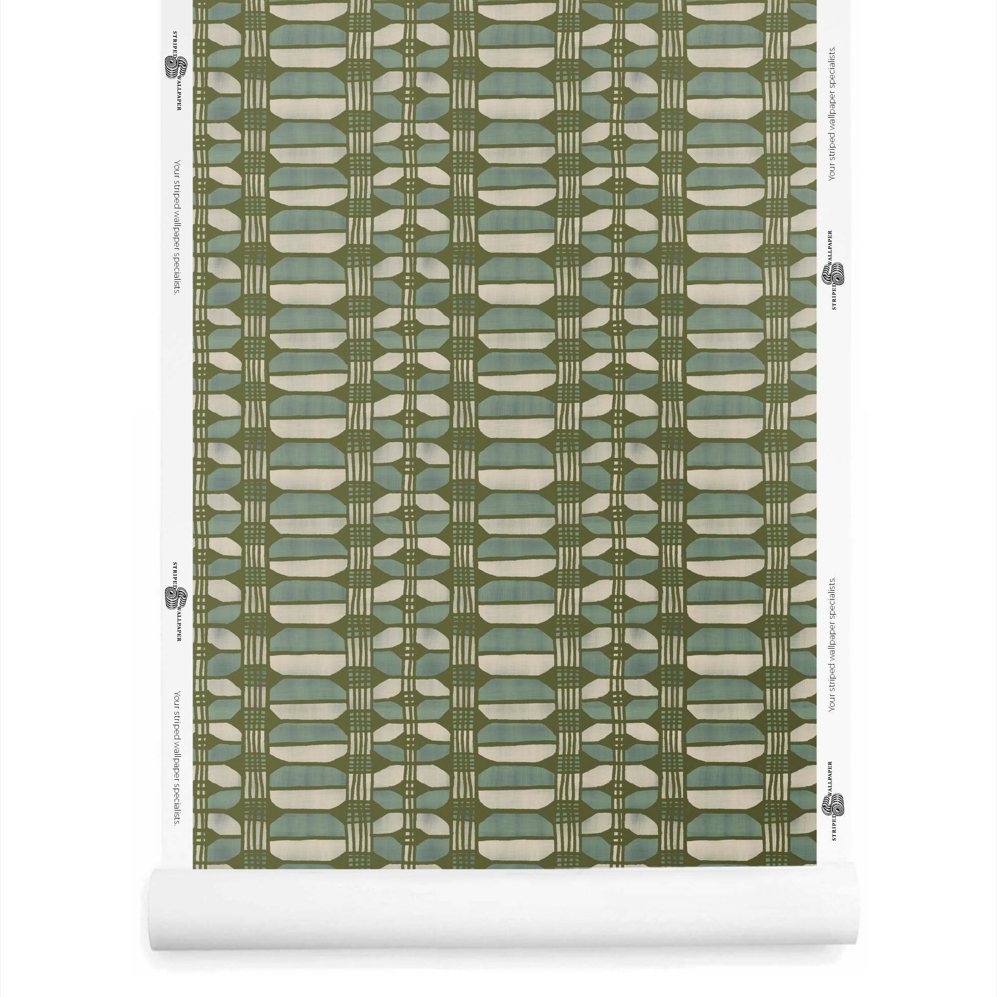Hayes wallpaper roll in olive – custom basket weave stripe with earthy tones and blues, with visual structure