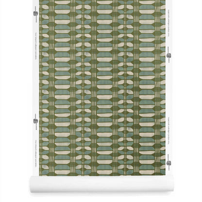 Hayes wallpaper roll in olive – custom basket weave stripe with earthy tones and blues, with visual structure