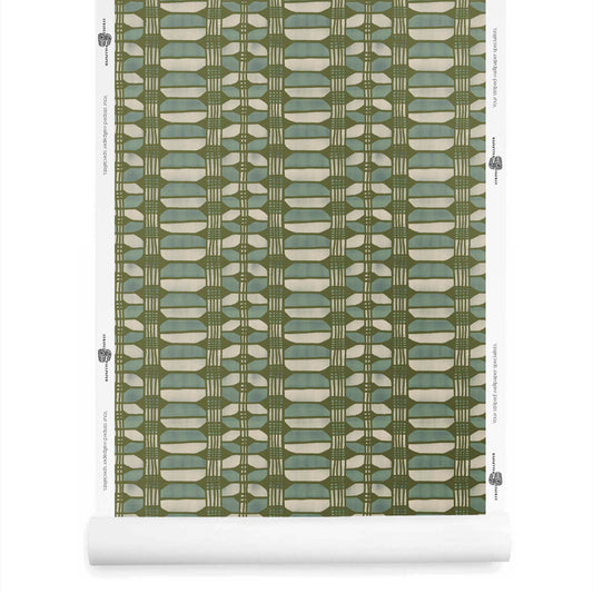 Hayes wallpaper roll in olive – custom basket weave stripe with earthy tones and blues, with visual structure